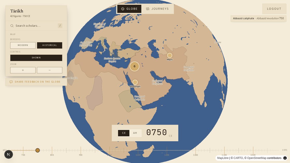 The Tārīkh globe at 750 CE, with historical empires and regions shaded and labelled