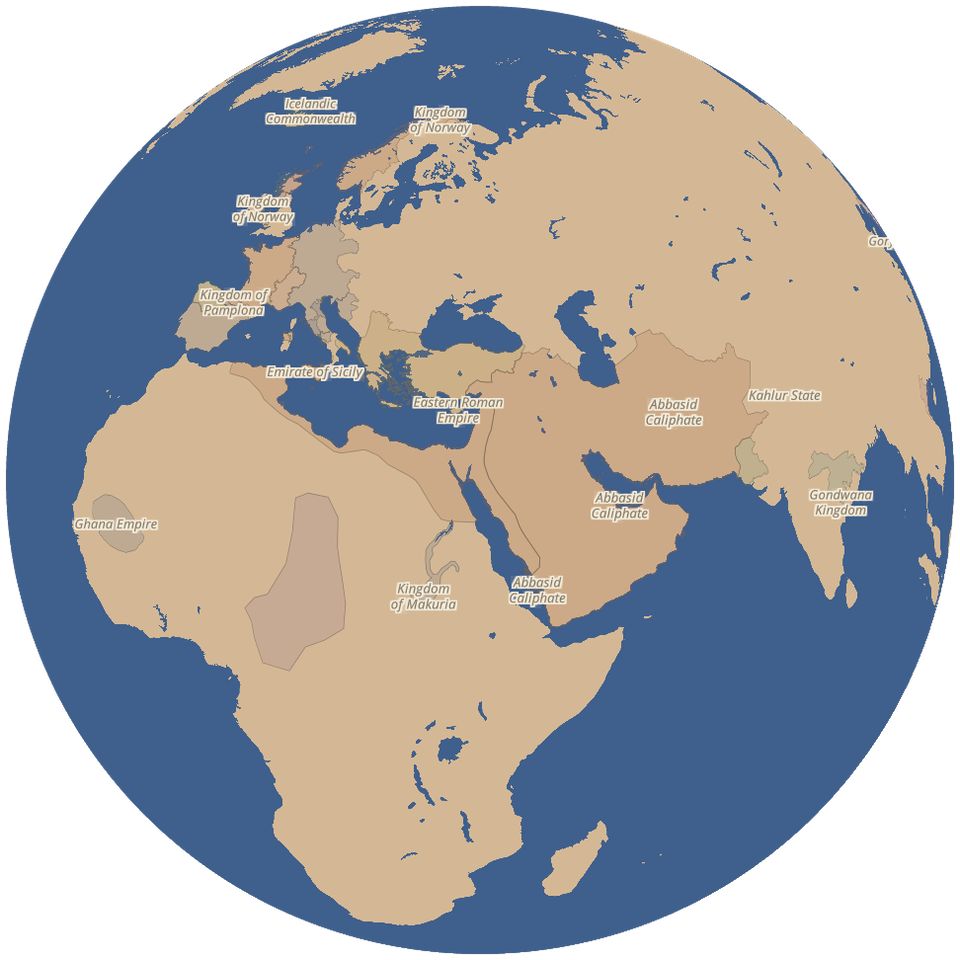 The Tārīkh globe in 1000 CE: the Abbasid Caliphate, the Eastern Roman Empire and the Emirate of Sicily, with their neighbours from the Kingdom of Pamplona to the Ghana Empire, drawn as they stood that year