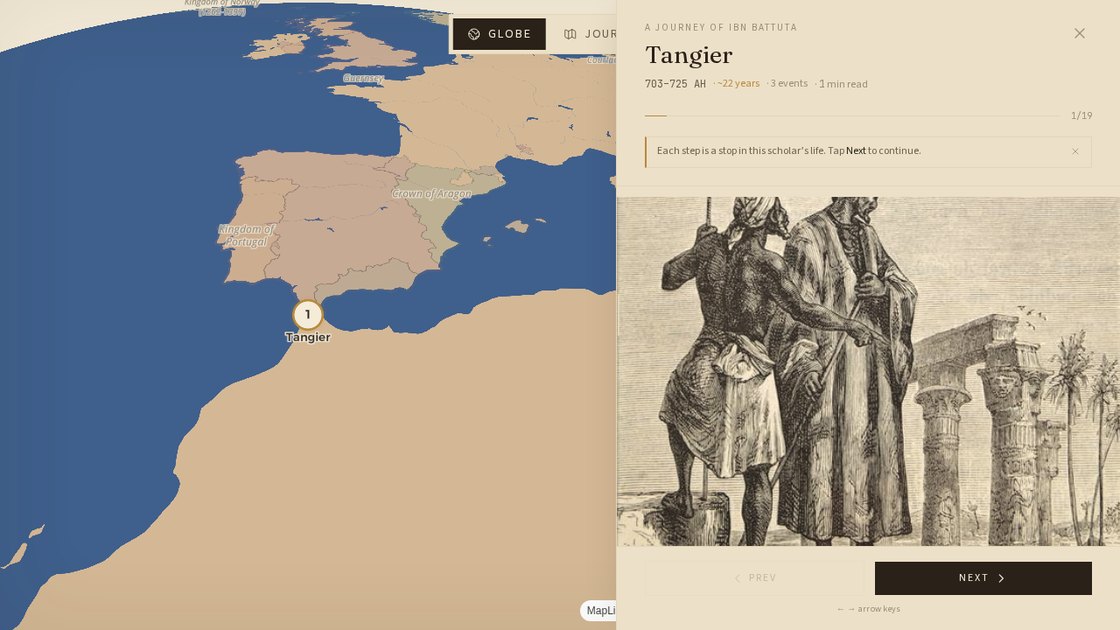 A journey step in Tārīkh — the map at Tangier beside the scholar's reading panel